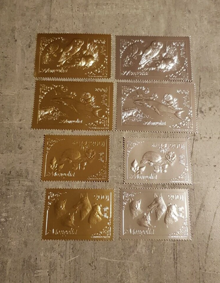 蒙古鸟与蝴蝶、熊与狼 8 FIL GOLD &SILVER MNH — 第 1/1 张图片