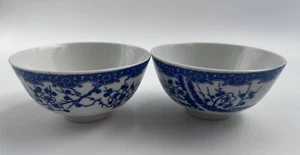 Pair 2 Japanese Porcelain Rice Soup Bowls Blue White Porcelain Cherries Pattern - Picture 1 of 9