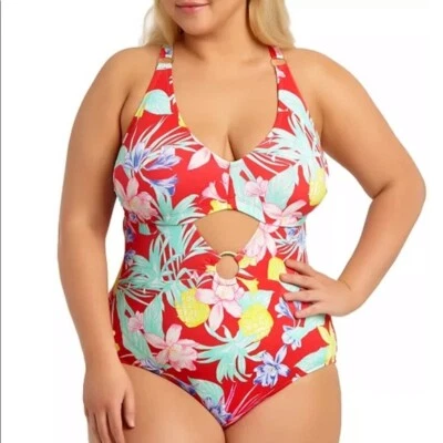 Traje de baño California Waves rojo floral recortado talla 2X NUEVO Foto 1 de 4