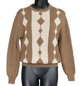 Vintage 1980s brown white argyle sweater, color block long sleeve knit pullover - Picture 1 of 5