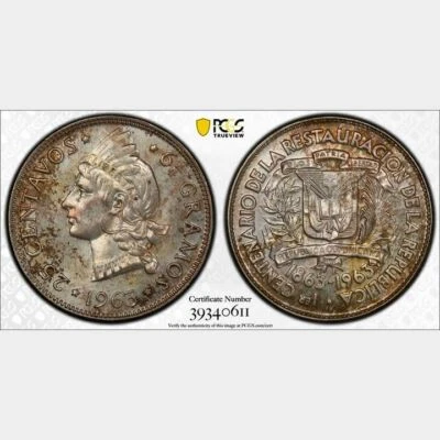 O005 1963 República Dominicana 25 centavos Londres como nuevo graduación profesional SP64 Foto 1 de 4