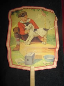 Vintage Advertisement Colored Paper Hand Fan - Little Boy & His Dog By Artist Ru - Picture 1 of 12