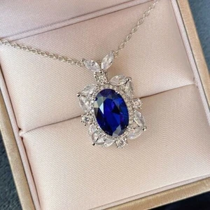 2Ct Oval Cut Lab-Create Blue Sapphire Women's Halo Pendant 14K White Gold Plated - Picture 1 of 5
