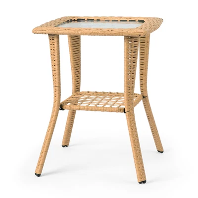 Outdoor Wicker Side Table, Rattan End Table with Glass Top, Patio Bistro Table Foto 1 de 4