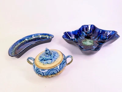 Vintage Portmadoc Studio Pottery Bundle Wales Dishes Handled Bowl Blue Colourful - Image 1 of 4