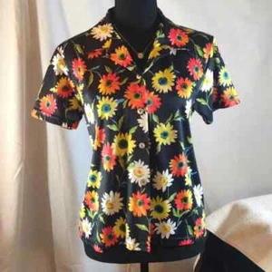 Vintage 70's Black w/Daisies Short Sleeved Button Up Blouse -Modern Edge Sz. LG - Picture 1 of 16