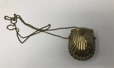 Antique/Vintage Brass Clam Shell Purse With Chain Lined With Purple Velvet - Image 1 of 4