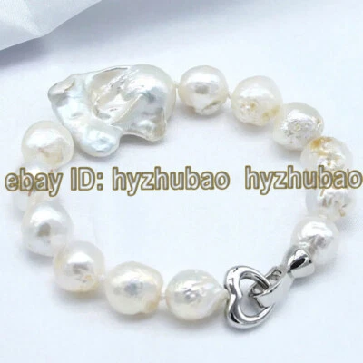 Brazalete de perlas barrocas Keshi blanco natural brillo 10-15 mm 7,5"" Foto 1 de 3