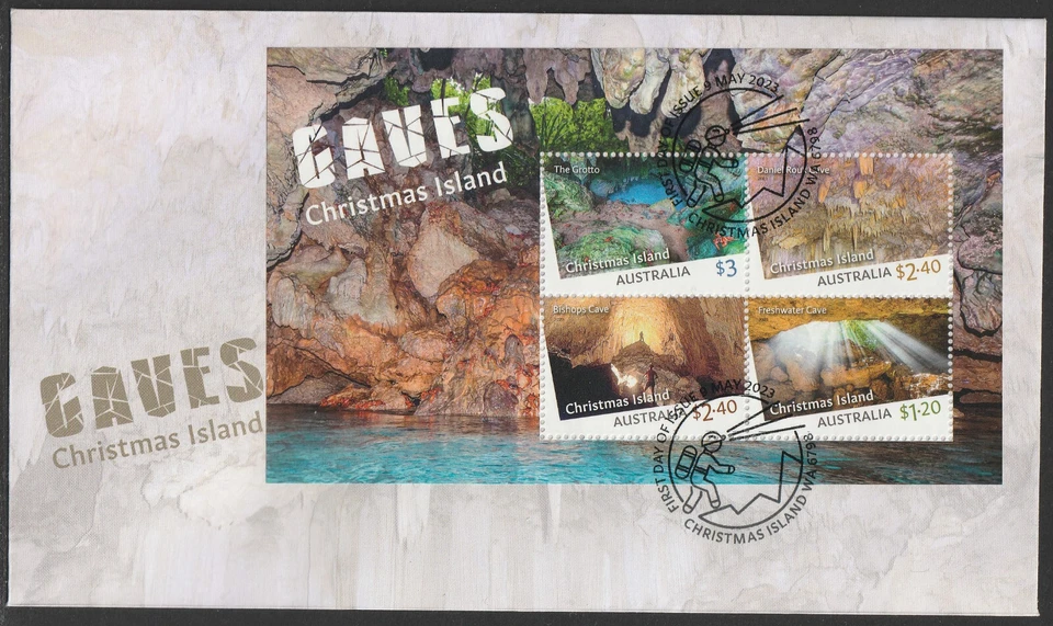 Christmas Island 2023: Caves - First Day Cover with Mini-Sheet. Very Fine Used. - Image 1 of 1