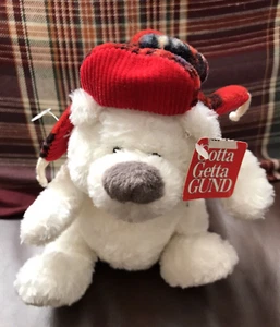 NWT Vintage Gund Teddy Bear Plush White Yuri wearing Red Plaid Earflap Cap 6.5in - Picture 1 of 5