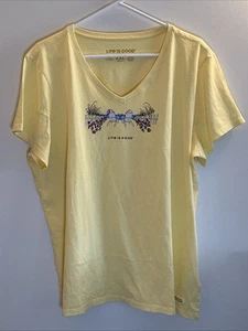 Life Is Good Women Size XXL Yellow V-Neck Adirondack Beach Short Sleeve Crusher - Picture 1 of 6