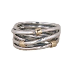 Sterling Silver 14k Yellow Gold Criss Cross Band 6.5sz Ring 8.6g PANDORA  - Picture 1 of 5