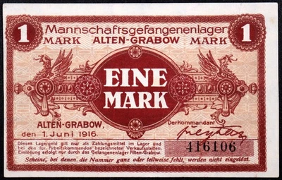 ALTEN-GRABOW 1916 1 Mark Lagergeld WWI POW Camp Money Germany - Image 1 of 2