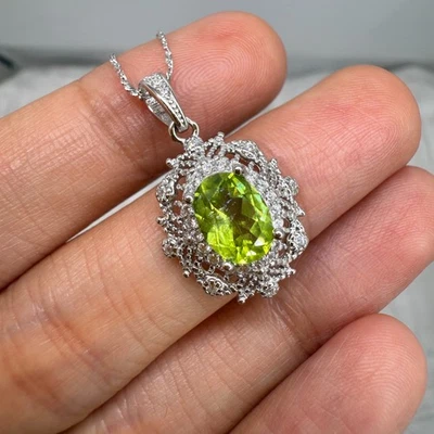 925 Sterling Silver Necklace 8x6mm Oval Natural Peridot Gemstone Zircon Gift NEW - Image 1 of 4