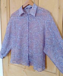 Zara Size M Paisley Batwing Sheer Shirt Blouse Purple Lilac Lavender Button Up - Picture 1 of 13