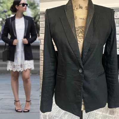 Blazer Helmut Lang Negro Mezcla de Lino Cuello de Cuero Botón Único Mujer Talla Foto 1 de 4