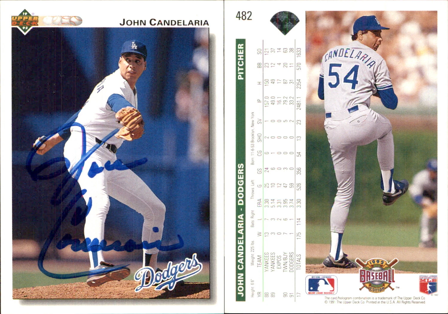 John Candelaria Signed 1992 Upper Deck #482 Card Los Angeles Dodgers Auto AU