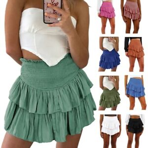 Smocked High Waist Solid Color Tiered Ruffle Pleated A-Line Skirt for Women