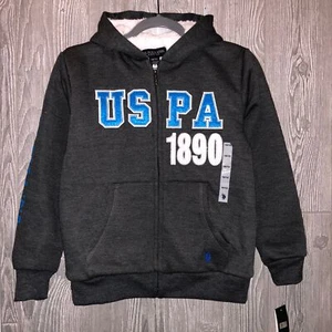 US POLO ASSN Grey Fleece Faux Sherpa Full Zip Hoodie Jacket Youth Boys XS 7 S 8 - Picture 1 of 4