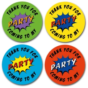 40mm Comic Superhero "Thank You for Coming to My Party" Round Birthday Stickers - Picture 1 of 1