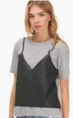 ZARA GRAY 2 IN 1 SHORT SLEEVE  T SHIRT LAYERED GREEN LEATHER TANK 2878/283 SMALL - Image 1 of 4