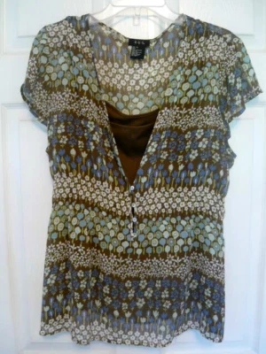 Blusa Top XL Para Mujer, Manga de Gorra Abertura, con Interior Tanque Marrón Chocolate, R.Q.T. Foto 1 de 4