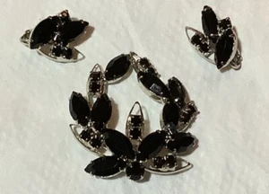 vintage pin brooch clip earrings unsigned black marquise cut rhinestones - Picture 1 of 6