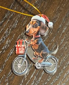 DACHSHUND DOG RIDING VINTAGE BIKE ORNAMENT~TREE OR CAR~2D ACRYLIC FLAT - Picture 1 of 1