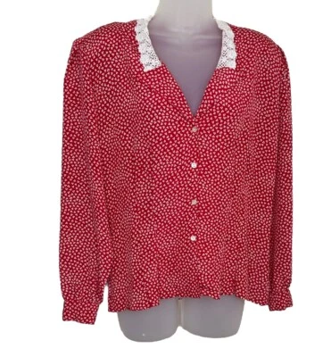 Top peplum vintage manga larga cuello de encaje rojo blanco Ditsy abotonado Cottagecore Foto 1 de 4