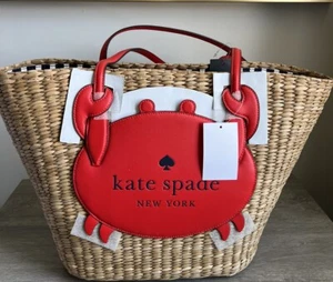 NWT $459 Kate Spade Pinch Me RED CRAB Straw Large Tote Woven Wicker Beach Bag - Picture 1 of 5