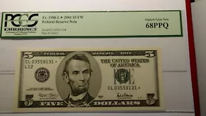 Fr. 1988-L* 2001 $5 FW Federal Reserve Note PCGS Super Gem New 68PPQ. - Picture 1 of 6