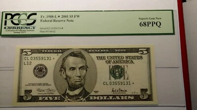 Fr. 1988-L* 2001 $5 FW Federal Reserve Note PCGS Super Gem New 68PPQ. - Image 1 of 4