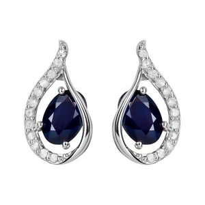 Pendientes de gota de halo curvos de zafiro y diamante ovalados genuinos de oro blanco de 10 K - Imagen 1 de 4