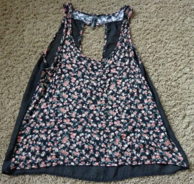 FULL TILT women's EUC sz L black floral sleeveless blouse w/see through back - Image 1 of 3
