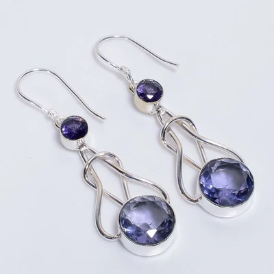 Pendientes de plata de ley 925 hechos a mano con piedras preciosas de iolita estilo étnico 2,2" V748 Foto 1 de 4