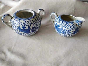 Rising Phoenix Bird Blue White Porcelain Sugar Bowl / Vase & Creamer, Flying... - Picture 1 of 9