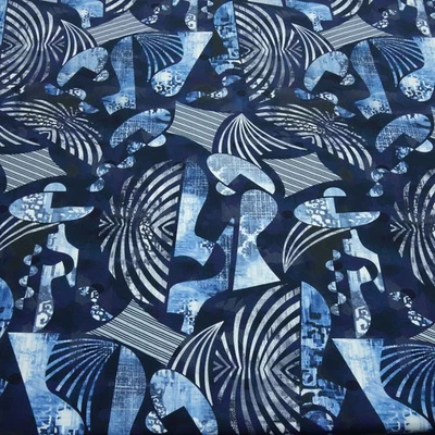 Stoff Baumwolle Jersey Abstrakt Patchwork Dynamic Design jeans blau Kleiderstoff - Bild 1 von 4