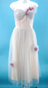 VTG Women's 50s Light Blue W/ Pink Roses Formal Gown / Prom Dress XXS/XS 1950s - Picture 1 of 23