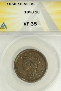 1850 Braided Hair Large Cent : ANACS VF35 - Picture 1 of 4
