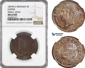 A6/181, Monaco, Honore V, 5 Centimes 1837 M, Copper, Small Head, NGC MS62BN - Picture 1 of 1