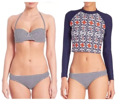 NUEVO CON ETIQUETAS $470 3 piezas Talla XS Tory Burch Azul Marino Rayas CON AROS PARTE SUPERIOR E INFERIOR + CAMISA DE SURF Foto 1 de 4