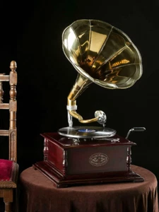 Grammophon mit Messinghorn ~ Schallplattenspieler - 78 1/min Vinyl Phonograph - Bild 1 von 2