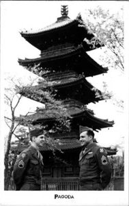 Japanese Pagoda Two Soldiers Sergeants Photo Postcard Americal Division WWII - Picture 1 of 1