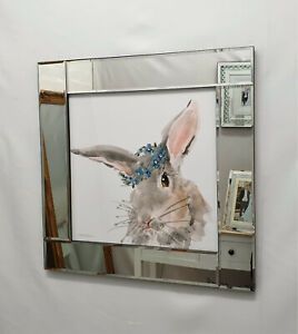 Bunny Rabbit Flower Picture Glitter Liqud Galss Wall Art 56x56cm Mirror Frame
