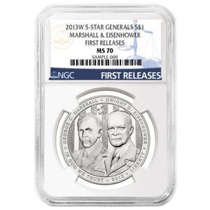 2013-W $1 Silver Five Star General Commemorative NGC MS70 First Releases Label - Picture 1 of 2