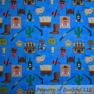 BonEFul FQ Cotton Quilt Blue Saloon Town Longhorn Gun Boots Sheriff Star Desert - Picture 1 of 12