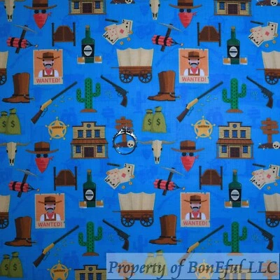 BonEFul FQ Cotton Quilt Blue Saloon Town Longhorn Gun Boots Sheriff Star Desert - Image 1 of 4