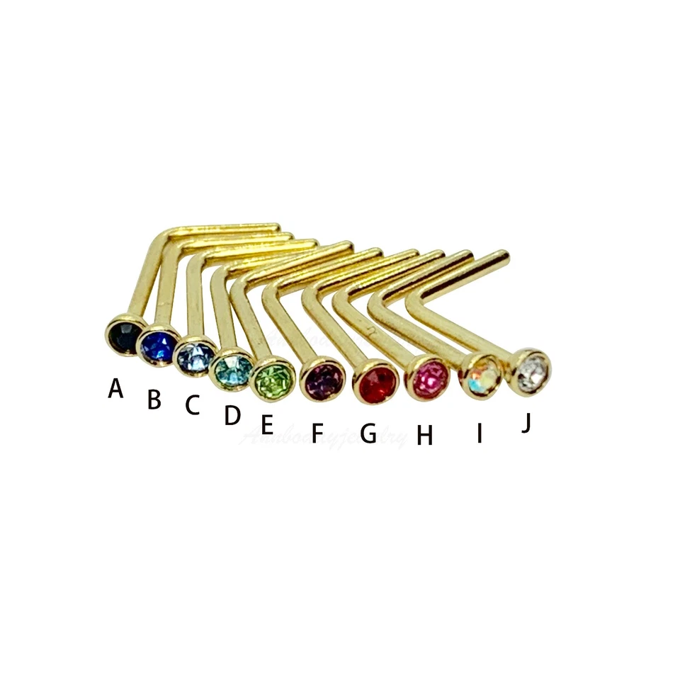 18G (1mm) Gold Tone 2mm 10 Colors Nose Rings L Shaped Stud Body Jewelry - Image 1 of 1