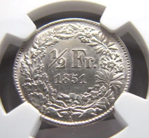 Switzerland KM8 Half Franc 1851-A NGC UNC. details, cleaned.  Full white coin. - Picture 1 of 3