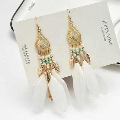 BOHO Feather Beaded Earrings Fringe Tassel Bohemian Ethnic Dangle Drop Handmade - Image 1 of 4